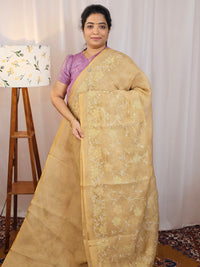 Linen Tissue with Aari Work - Lite Mustard Yellow