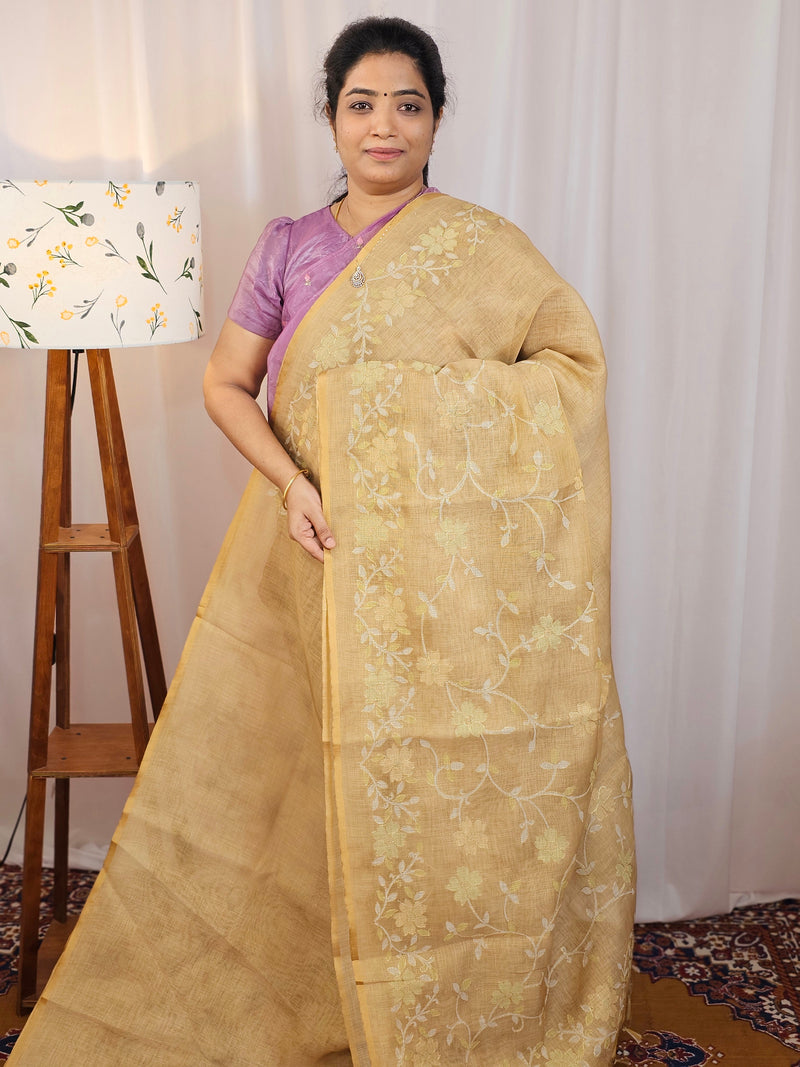 Linen Tissue with Aari Work - Lite Mustard Yellow