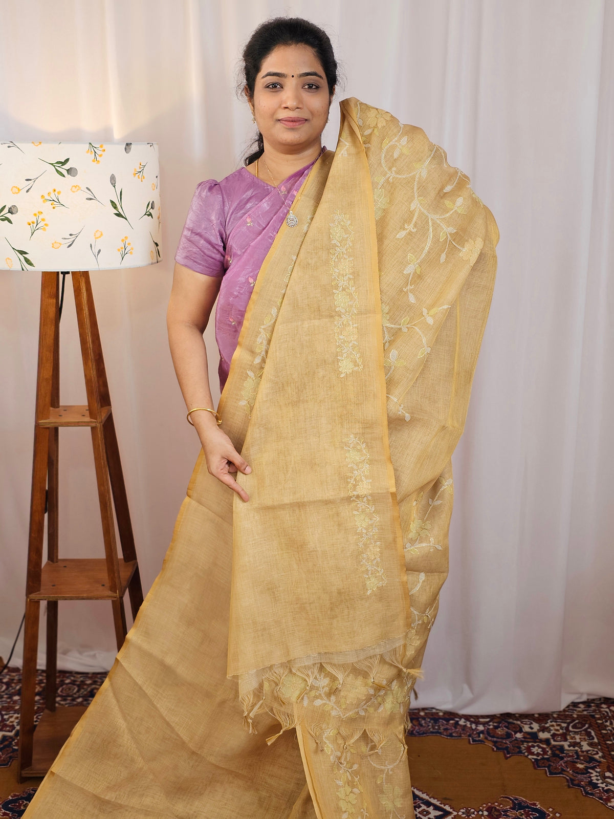Linen Tissue with Aari Work - Lite Mustard Yellow