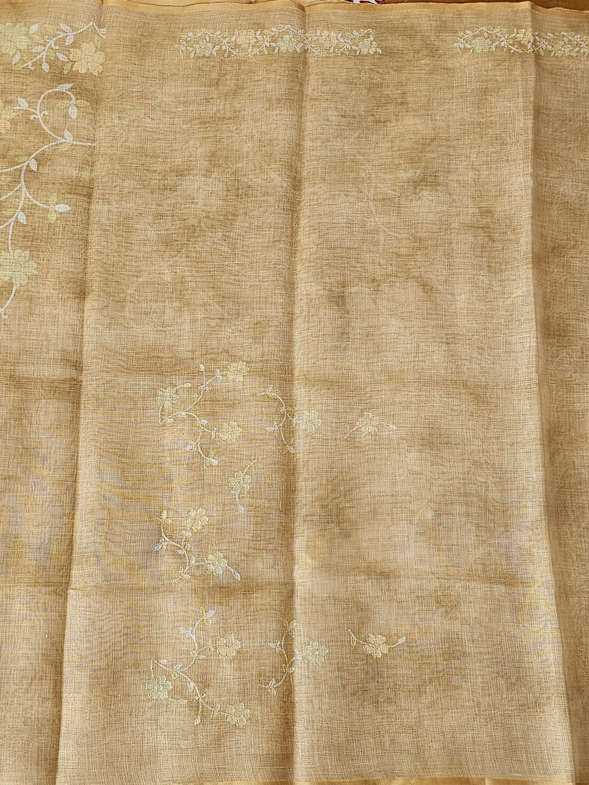 Linen Tissue with Aari Work - Lite Mustard Yellow