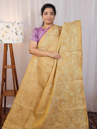 Linen Tissue with Aari Work -  Mustard Yellow