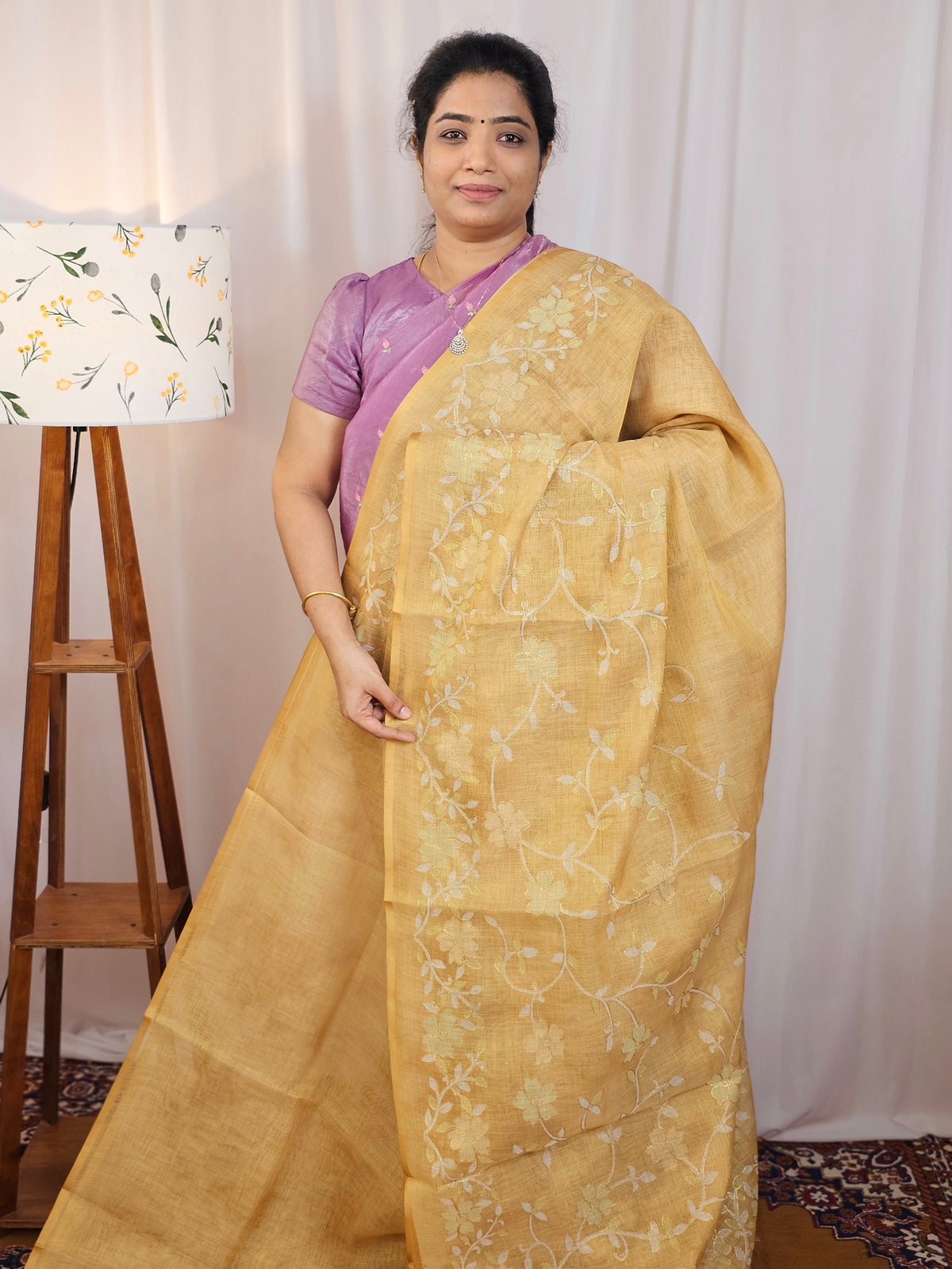 Linen Tissue with Aari Work -  Mustard Yellow