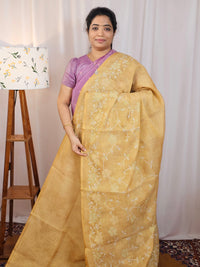 Linen Tissue with Aari Work -  Mustard Yellow