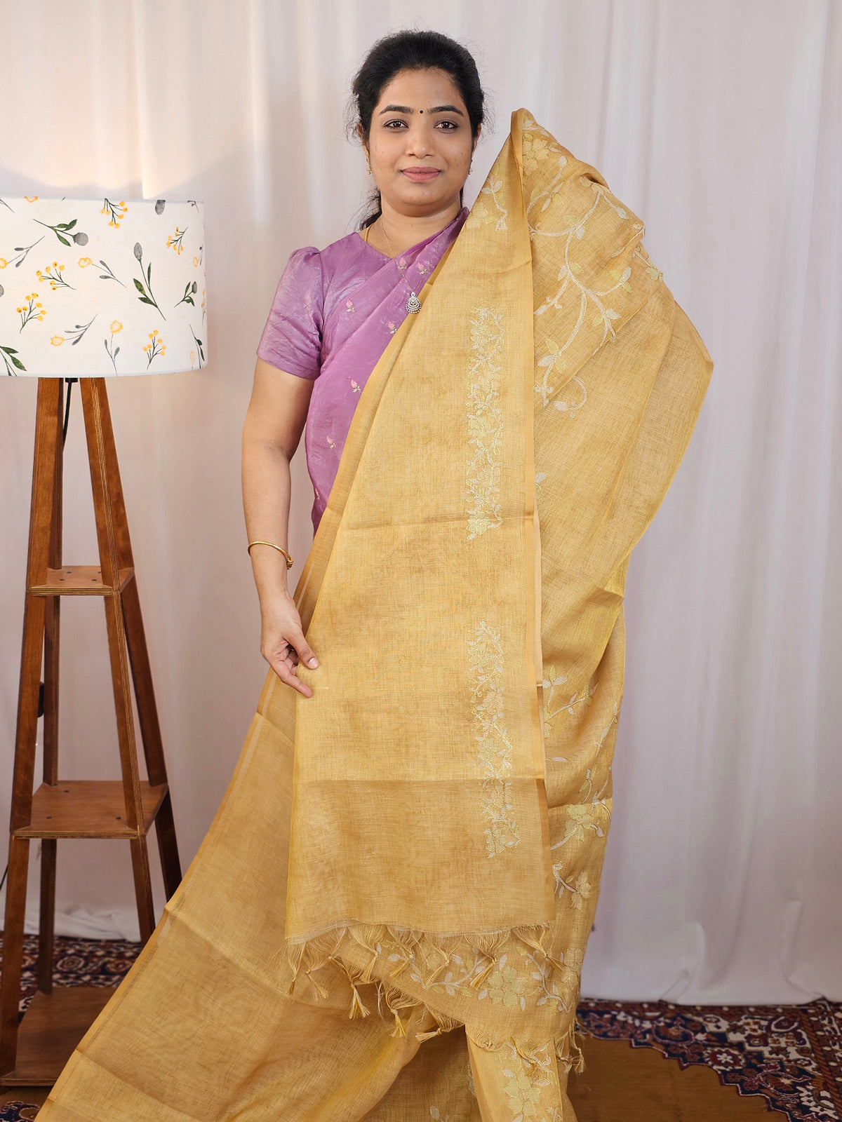 Linen Tissue with Aari Work -  Mustard Yellow