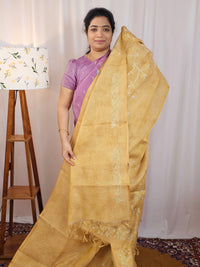 Linen Tissue with Aari Work -  Mustard Yellow