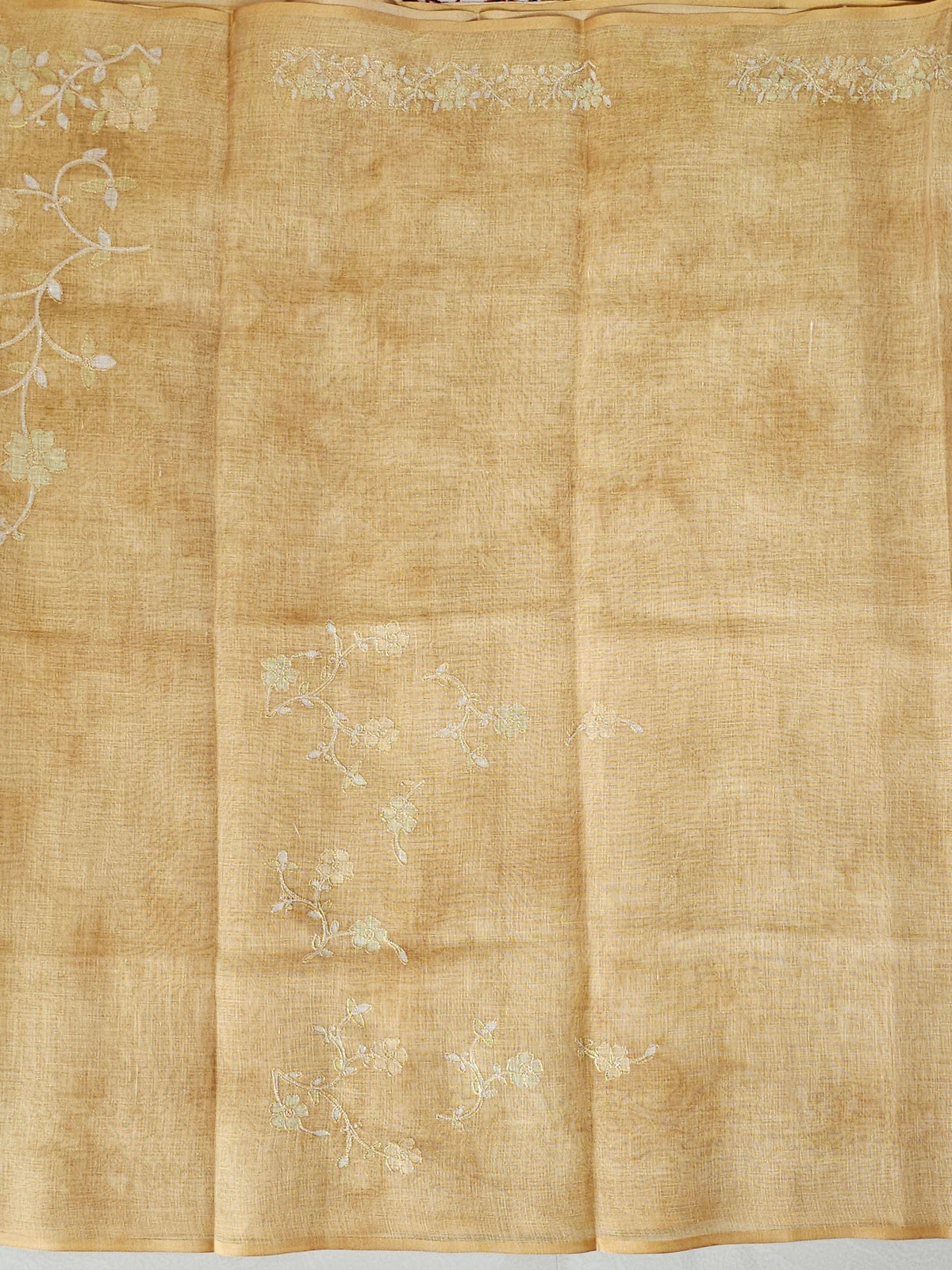 Linen Tissue with Aari Work -  Mustard Yellow