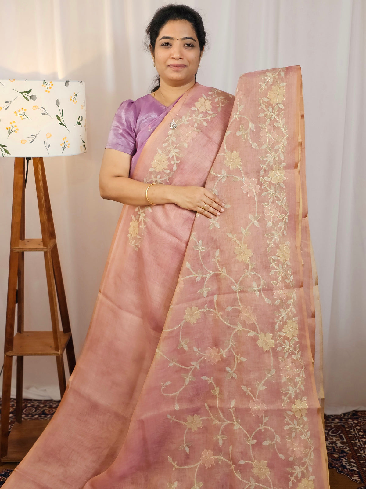Linen Tissue with Aari Work - Peachish Pink