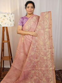 Linen Tissue with Aari Work - Peachish Pink