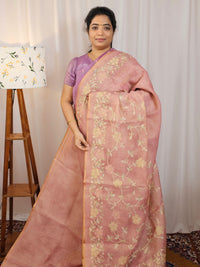 Linen Tissue with Aari Work - Peachish Pink