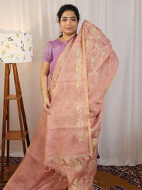 Linen Tissue with Aari Work - Peachish Pink