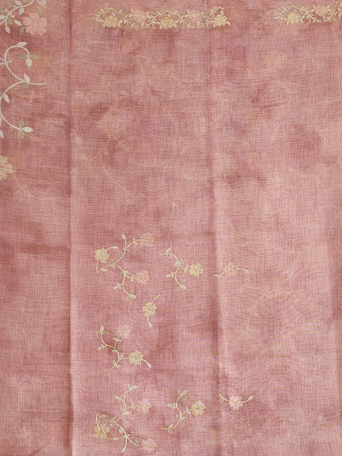 Linen Tissue with Aari Work - Peachish Pink