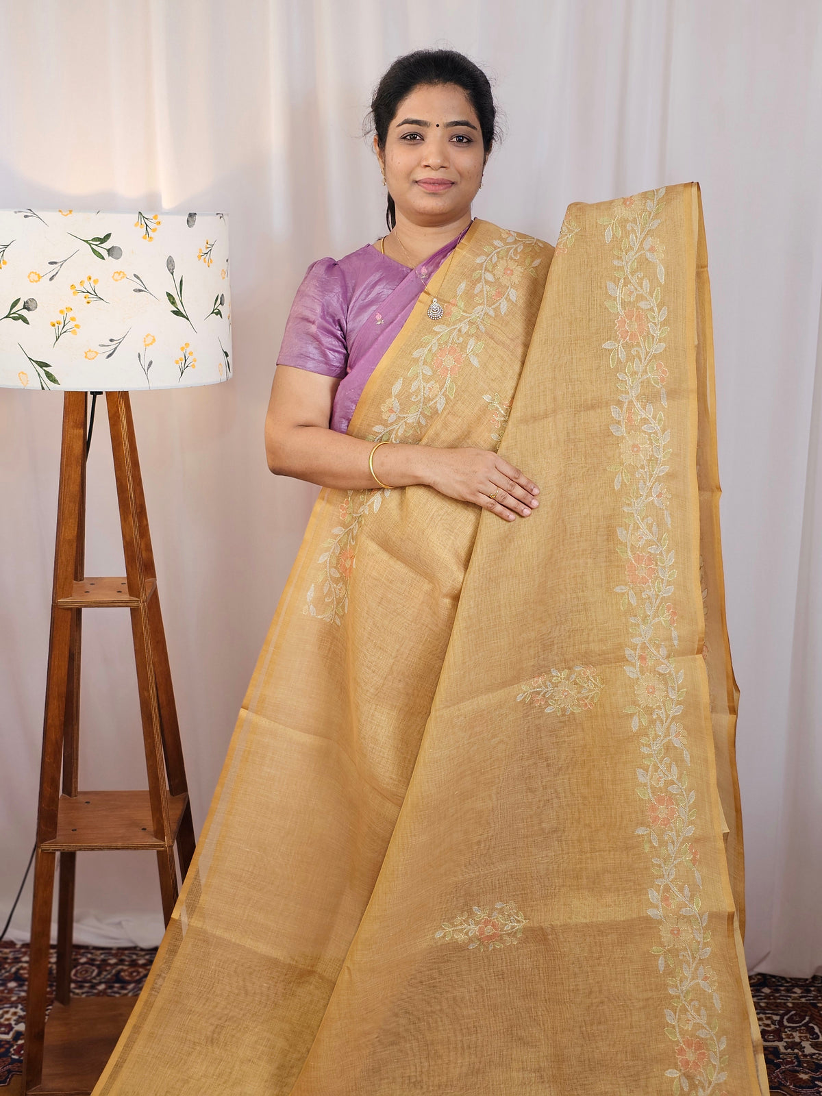 Linen Tissue with Aari Work - Mustard Yellow