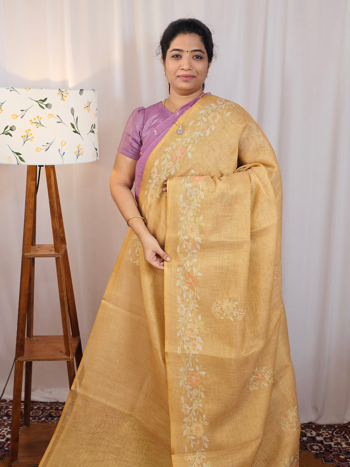 Linen Tissue with Aari Work - Mustard Yellow
