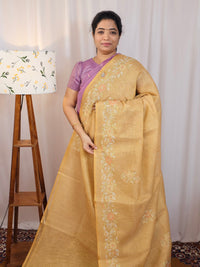 Linen Tissue with Aari Work - Mustard Yellow