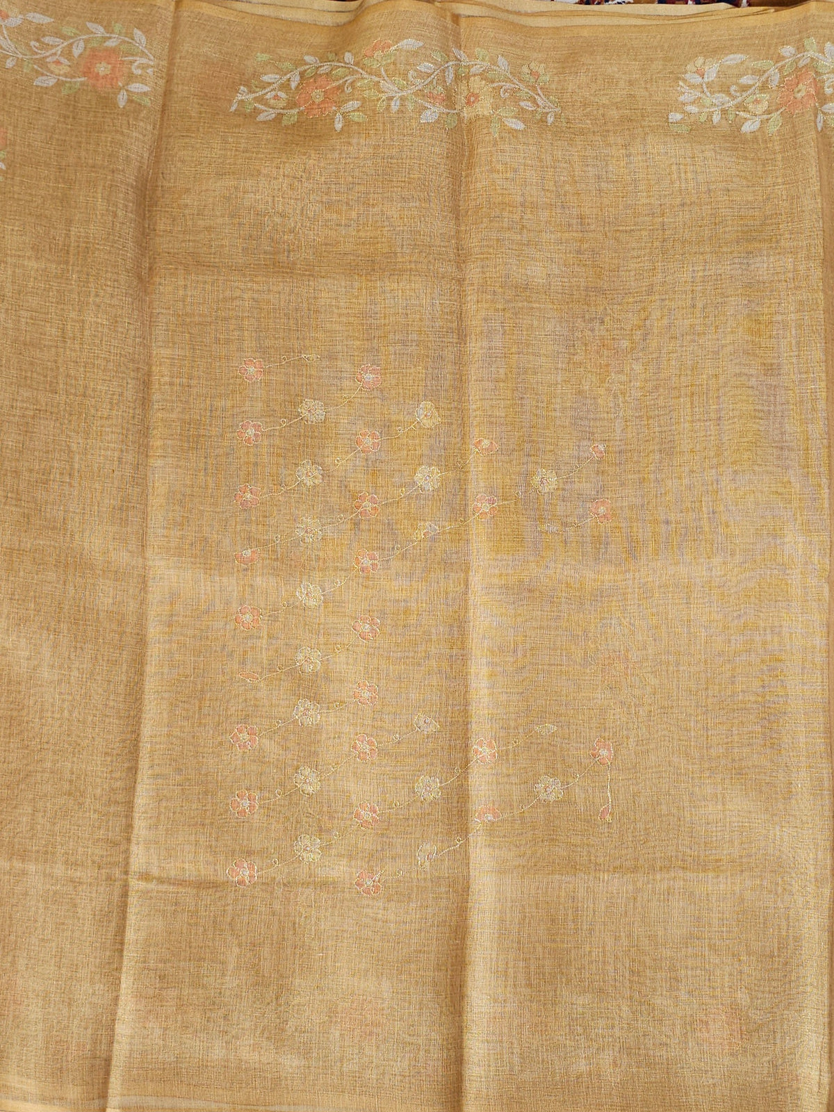 Linen Tissue with Aari Work - Mustard Yellow