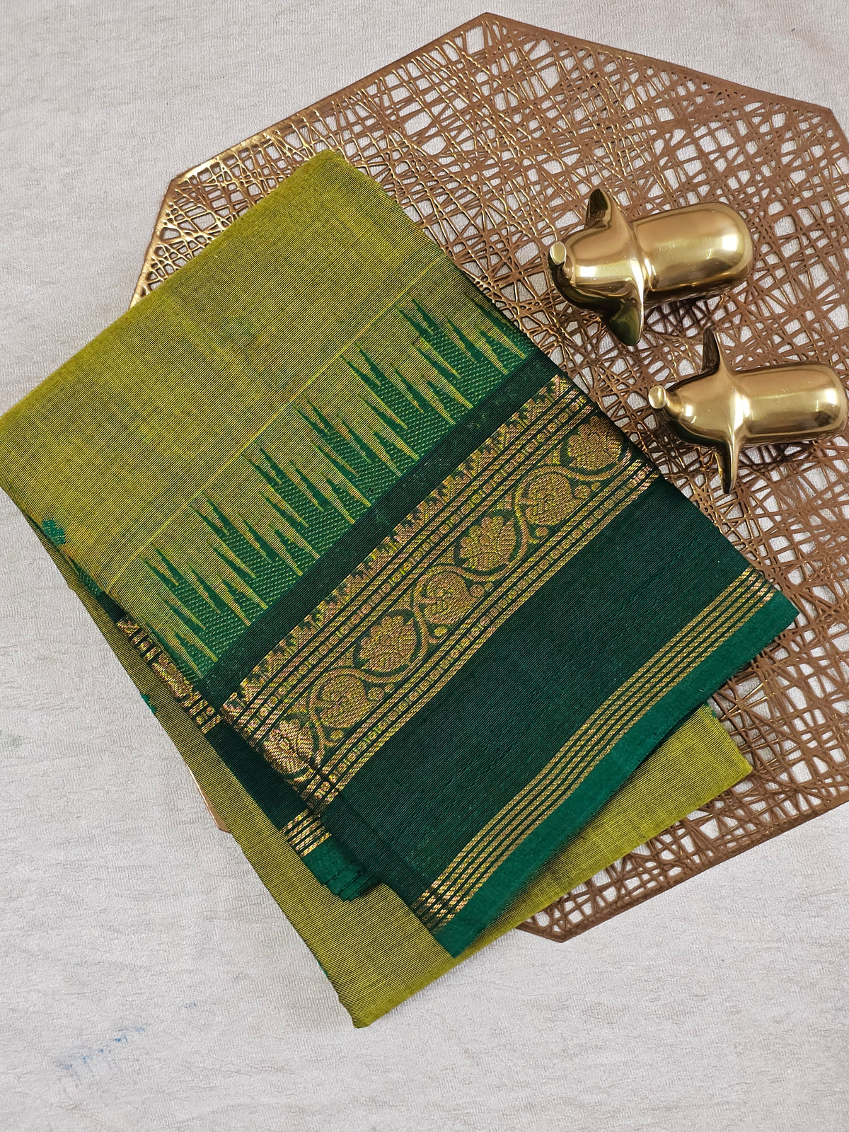Chettinad Cotton Saree - Dual Shade Green with Yellow