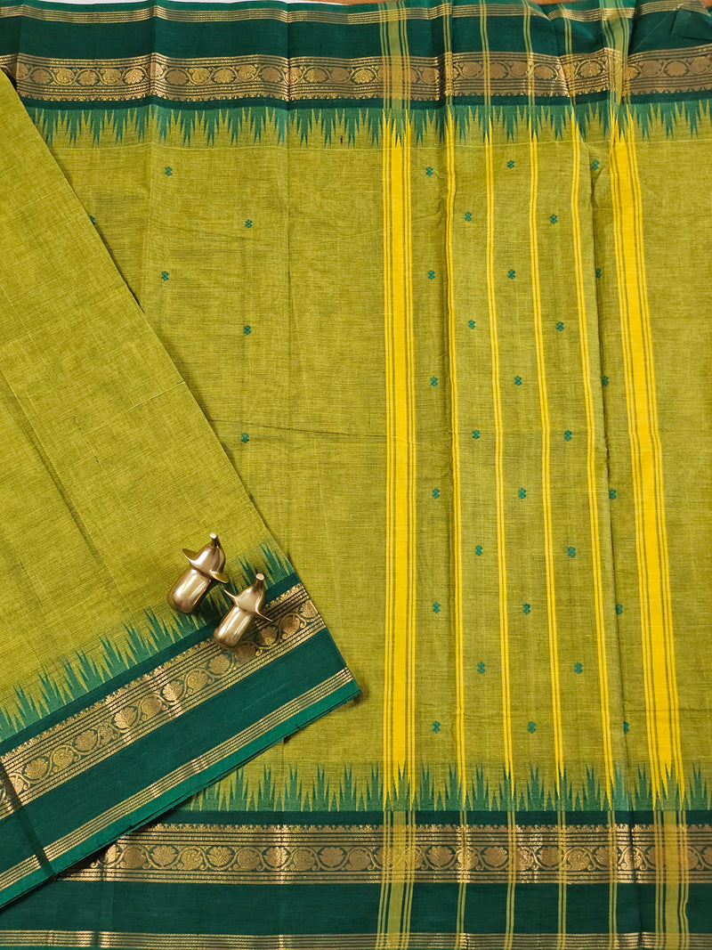 Chettinad Cotton Saree - Dual Shade Green with Yellow