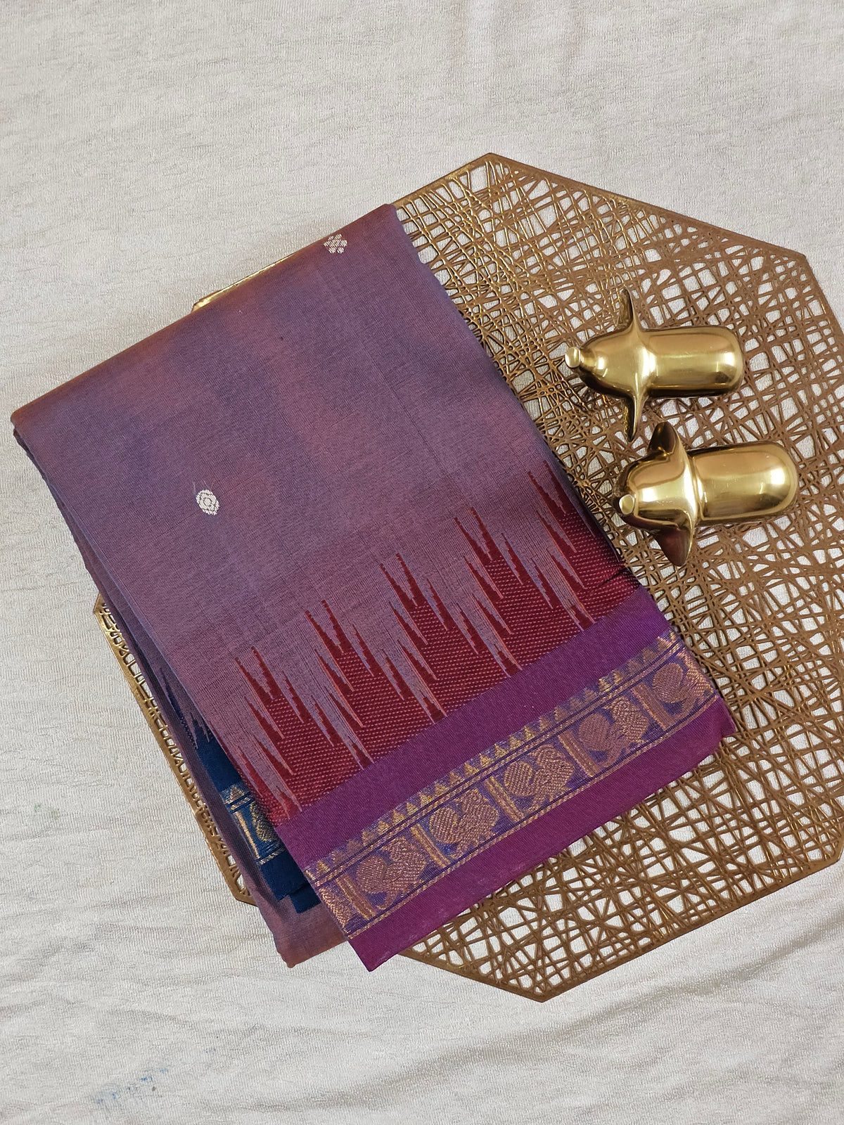 Chettinad Cotton Saree - Dual Shade Beige with Blue