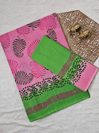 Pure Cotton with Hand Block Prints - Pink with Green