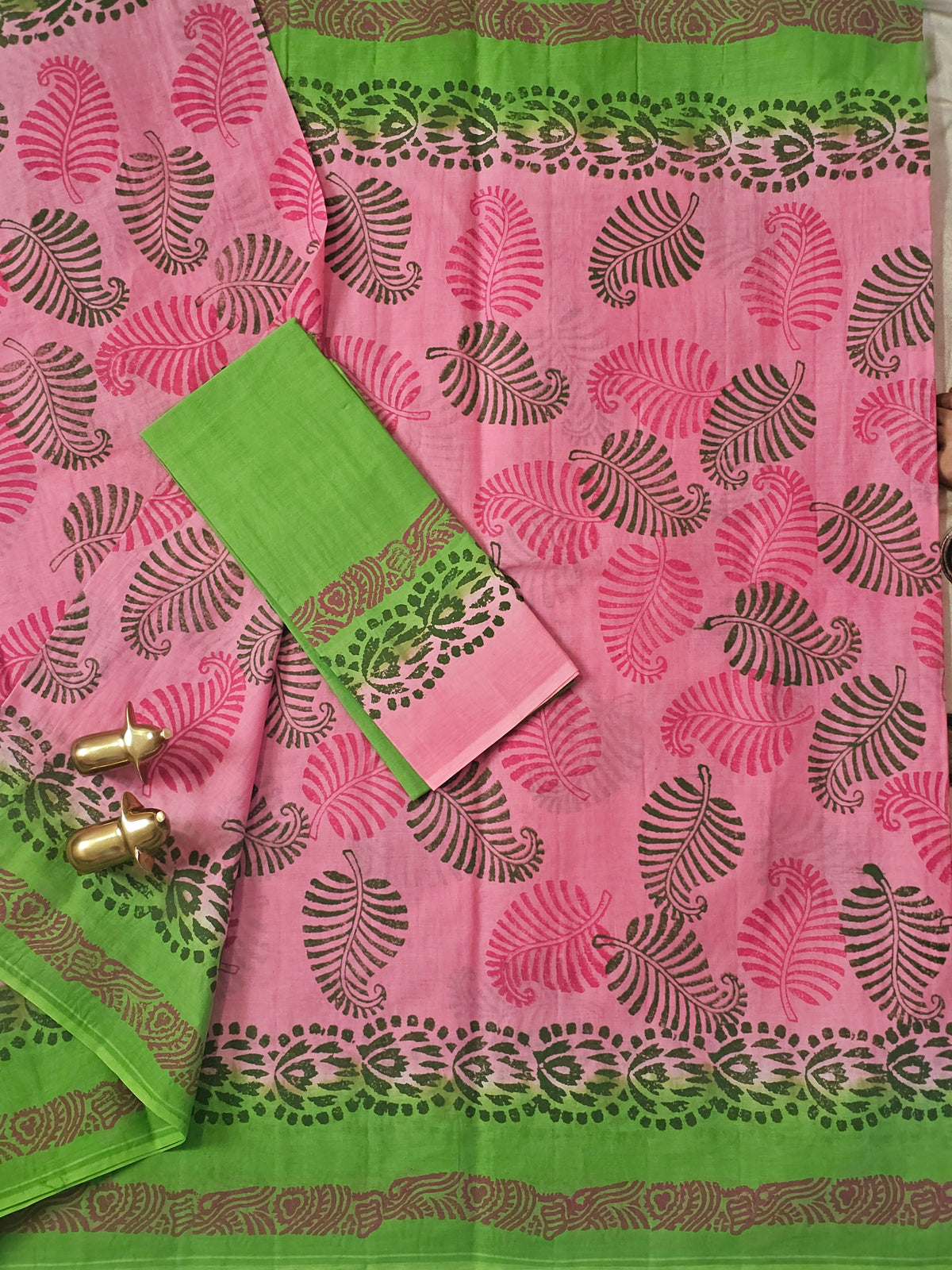 Pure Cotton with Hand Block Prints - Pink with Green
