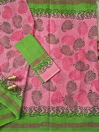 Pure Cotton with Hand Block Prints - Pink with Green