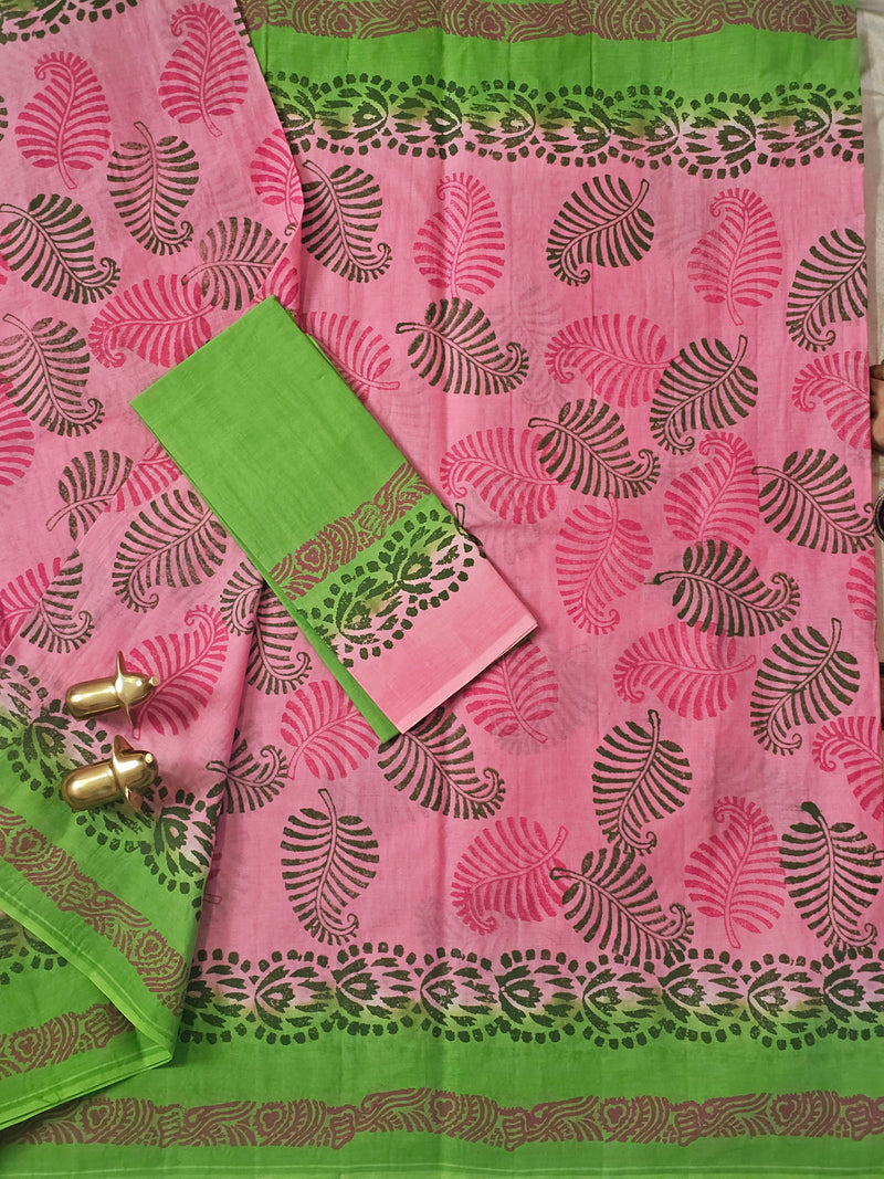 Pure Cotton with Hand Block Prints - Pink with Green