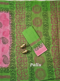 Pure Cotton with Hand Block Prints - Pink with Green