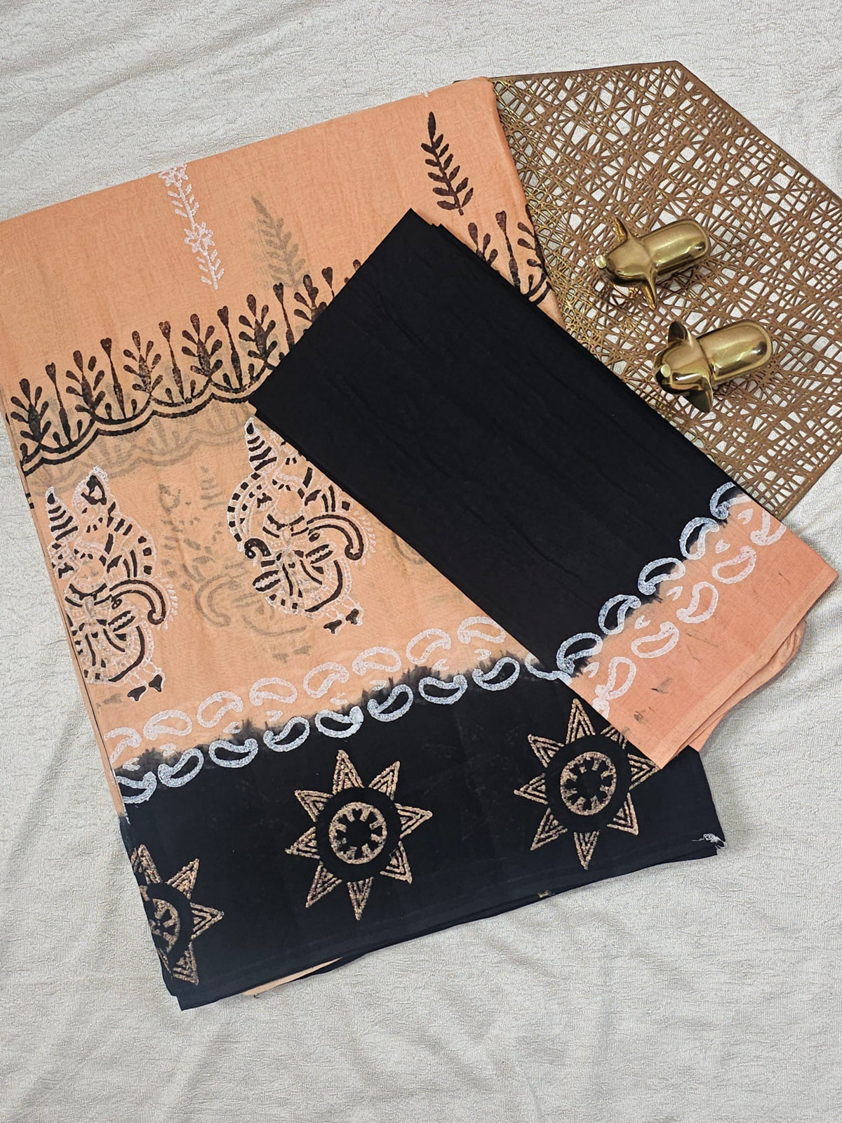 Pure Cotton with Hand Block Prints - Pastel Orange with Black
