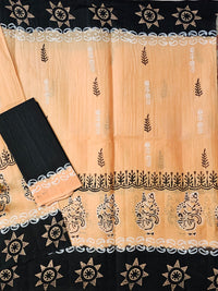 Pure Cotton with Hand Block Prints - Pastel Orange with Black