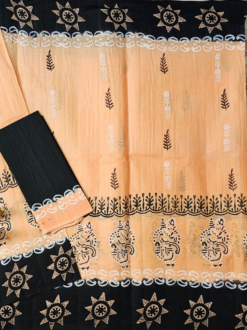 Pure Cotton with Hand Block Prints - Pastel Orange with Black