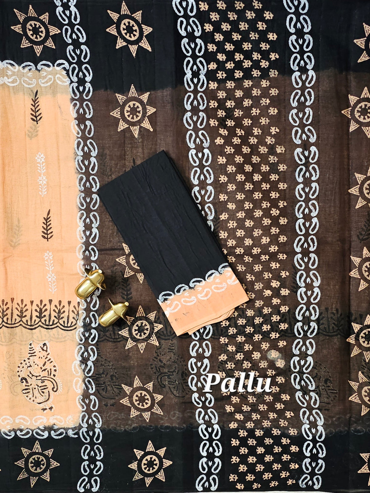 Pure Cotton with Hand Block Prints - Pastel Orange with Black