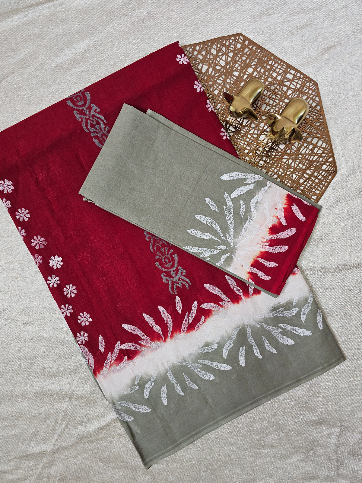 Pure Cotton with Hand Block Prints - Dark Red with Grey