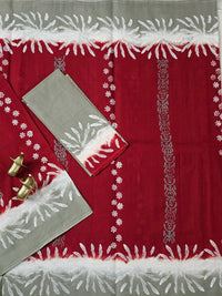 Pure Cotton with Hand Block Prints - Dark Red with Grey