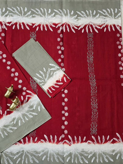 Pure Cotton with Hand Block Prints - Dark Red with Grey