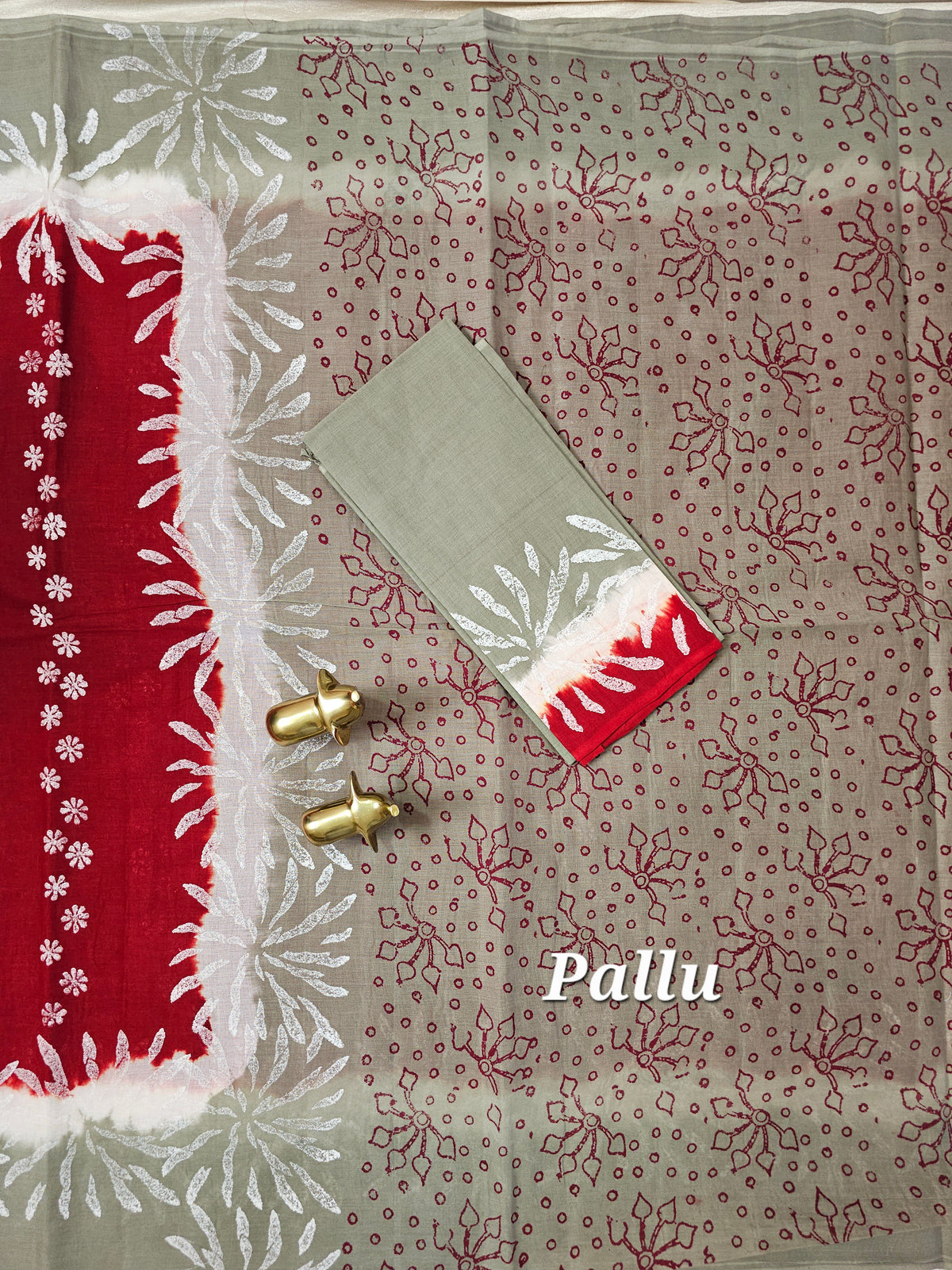 Pure Cotton with Hand Block Prints - Dark Red with Grey