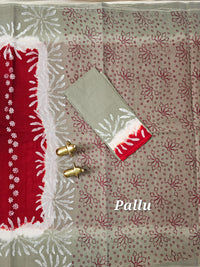 Pure Cotton with Hand Block Prints - Dark Red with Grey