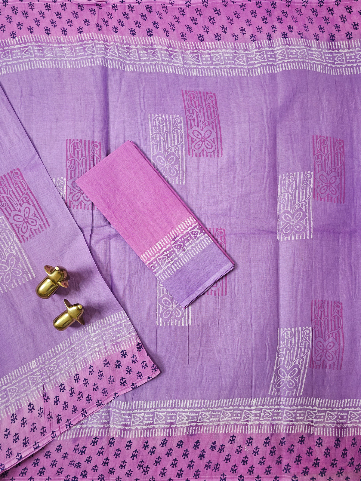 Pure Cotton with Hand Block Prints - Lavender with Pink
