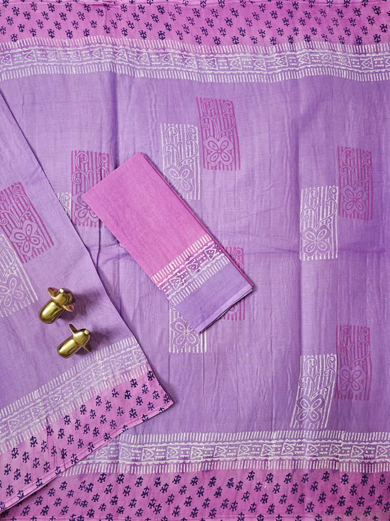 Pure Cotton with Hand Block Prints - Lavender with Pink