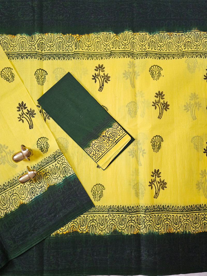 Pure Cotton with Hand Block Prints - Yellow with Dark Green
