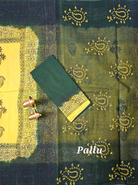 Pure Cotton with Hand Block Prints - Yellow with Dark Green
