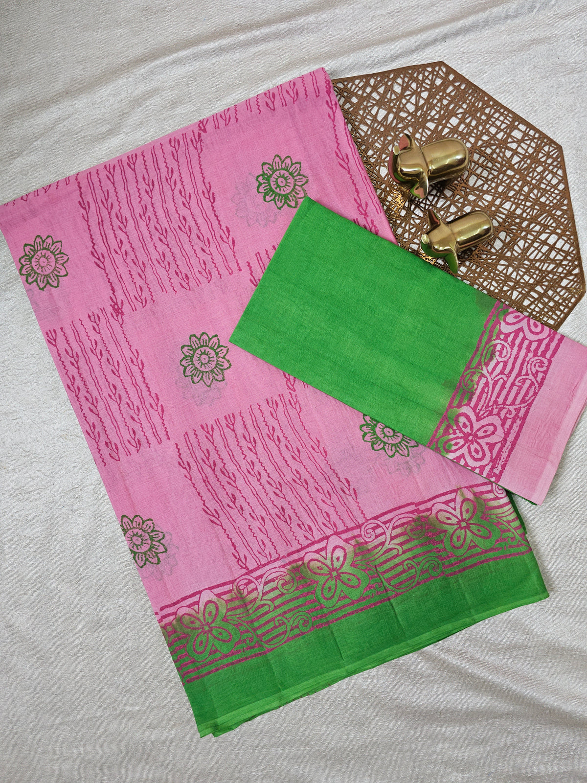 Pure Cotton with Hand Block Prints - Pink with Green