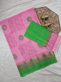 Pure Cotton with Hand Block Prints - Pink with Green
