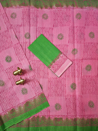 Pure Cotton with Hand Block Prints - Pink with Green