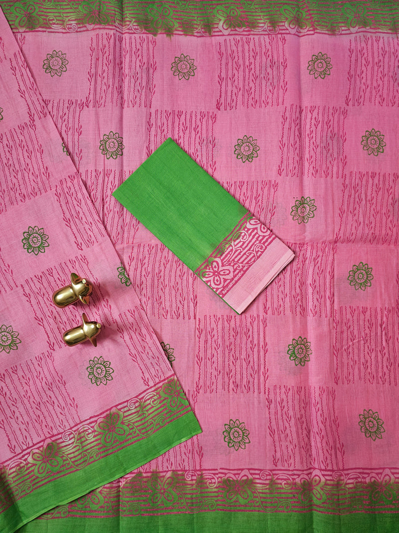 Pure Cotton with Hand Block Prints - Pink with Green