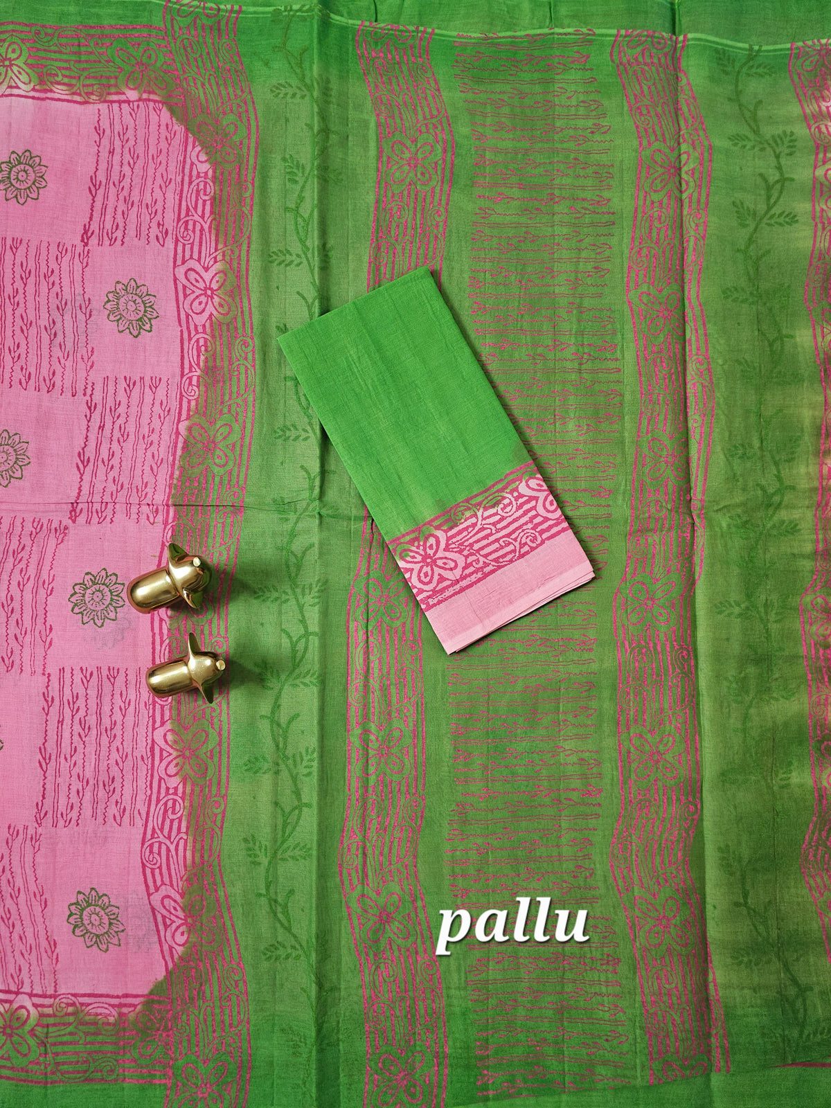 Pure Cotton with Hand Block Prints - Pink with Green