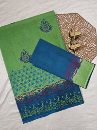Pure Cotton with Hand Block Prints - Green with Peacock Blue