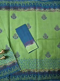 Pure Cotton with Hand Block Prints - Green with Peacock Blue