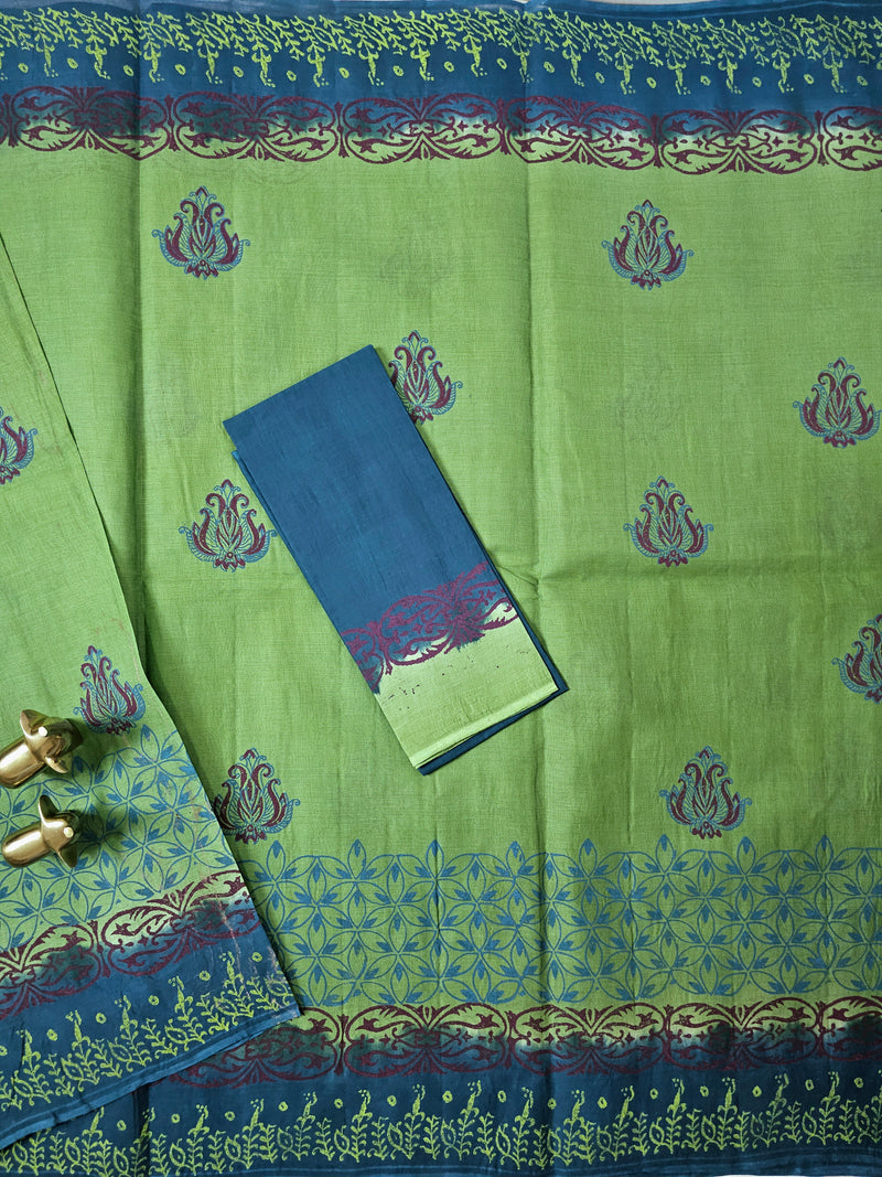 Pure Cotton with Hand Block Prints - Green with Peacock Blue