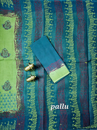 Pure Cotton with Hand Block Prints - Green with Peacock Blue