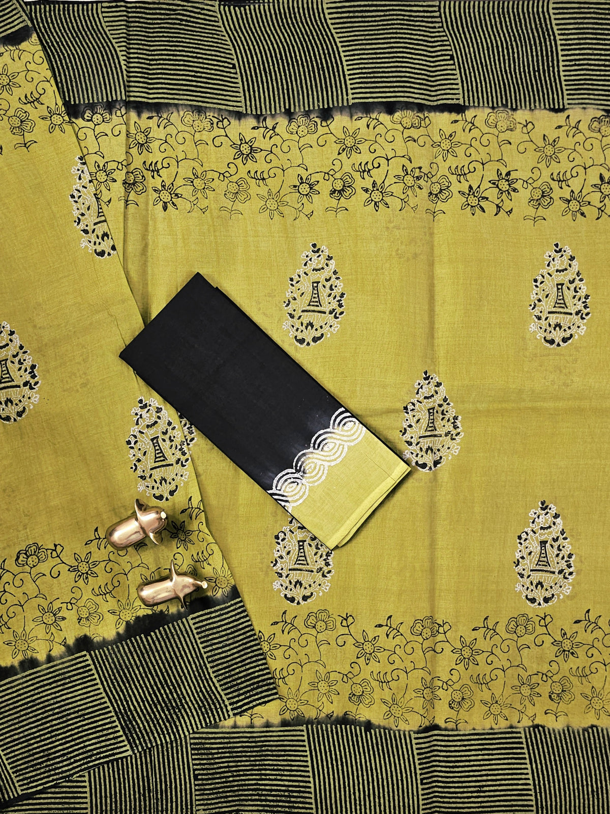 Pure Cotton with Hand Block Prints - Green with Black
